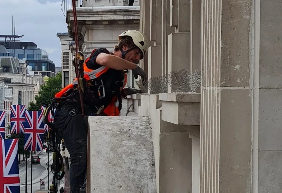 Rope access technicians safely cleaning gutters on a high-rise building, removing debris and ensuring proper drainage.