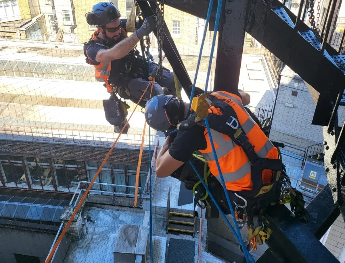 High-quality structural steel fire escape providing safe emergency egress from a multi-story building. Durable, weather-resistant, and compliant with fire safety regulations.