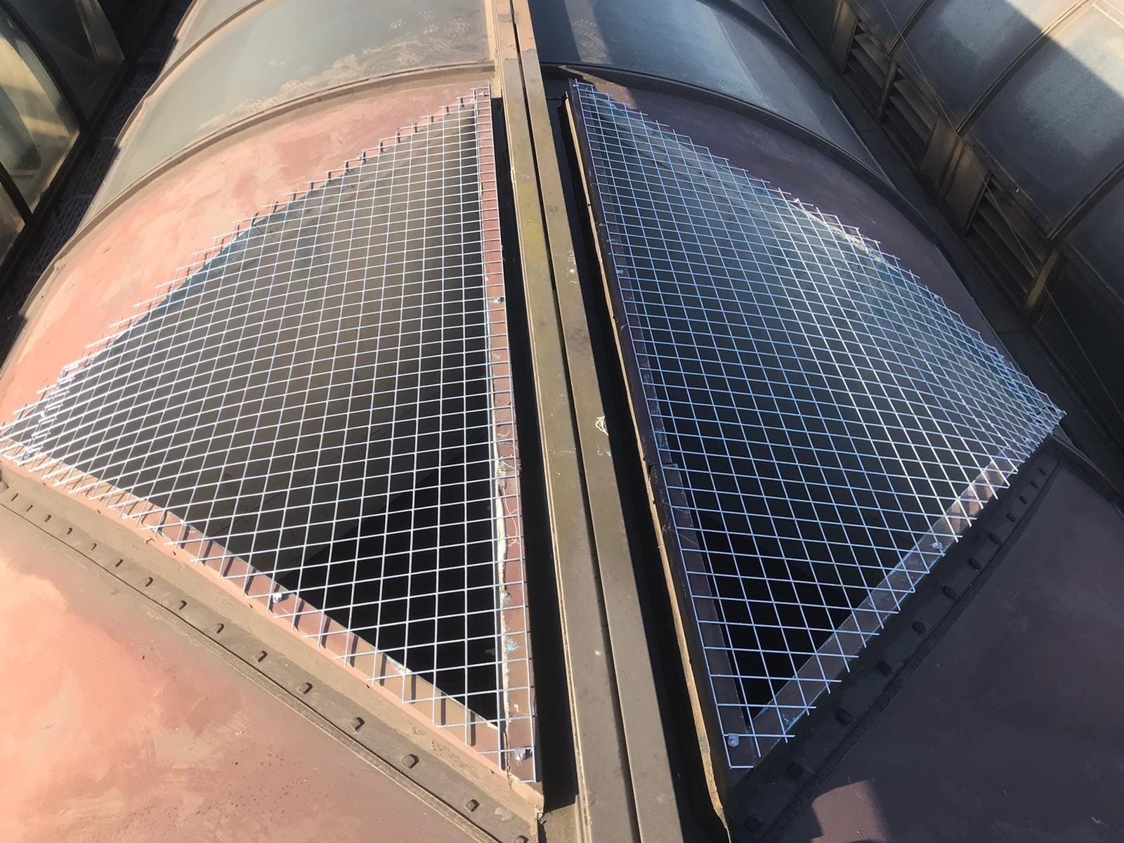 Rope access technicians installing bird mesh on a high-rise building to prevent pest birds from nesting.